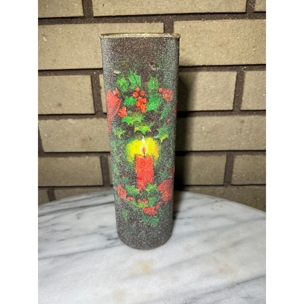 Vintage Christmas Frosted Sugar Pillar Candle Holly Berry Red Bow